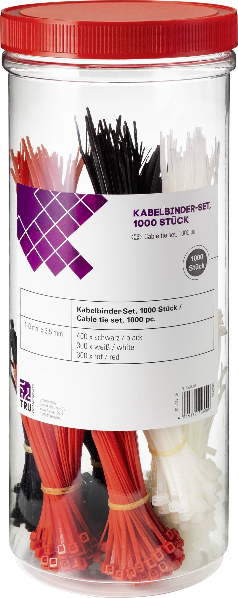 TRU COMPONENTS 1570089 Kabelbinder-Sortiment 100 mm Schwarz, Rot, Natur 1000 St.