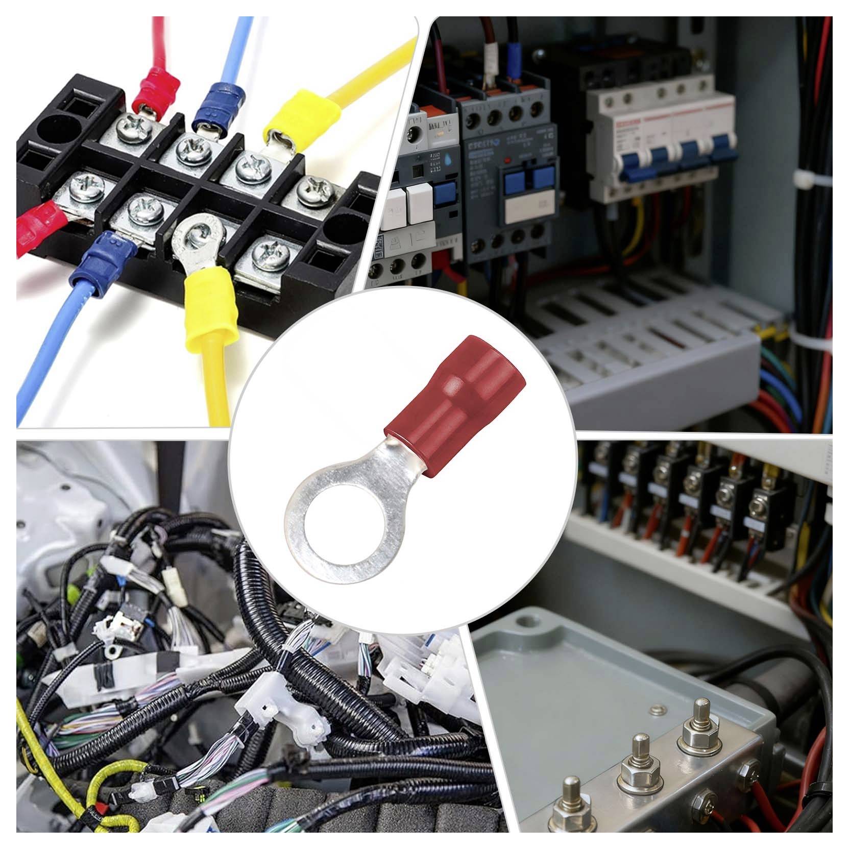 Collage von elektrischen Leitungen und Komponenten: farbcodierte Kabel, die an Klemmenleisten angeschlossen sind, ein Ringzugentlaster und gebündelte Drähte in Steuertafeln.
