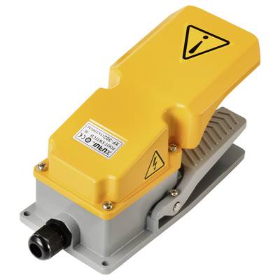 Ein gelbes Fußpedal mit Warnsymbolen auf der Oberseite. Es weist auf elektrische Gefahren hin und ist für industrielle Maschinensteuerung vorgesehen.