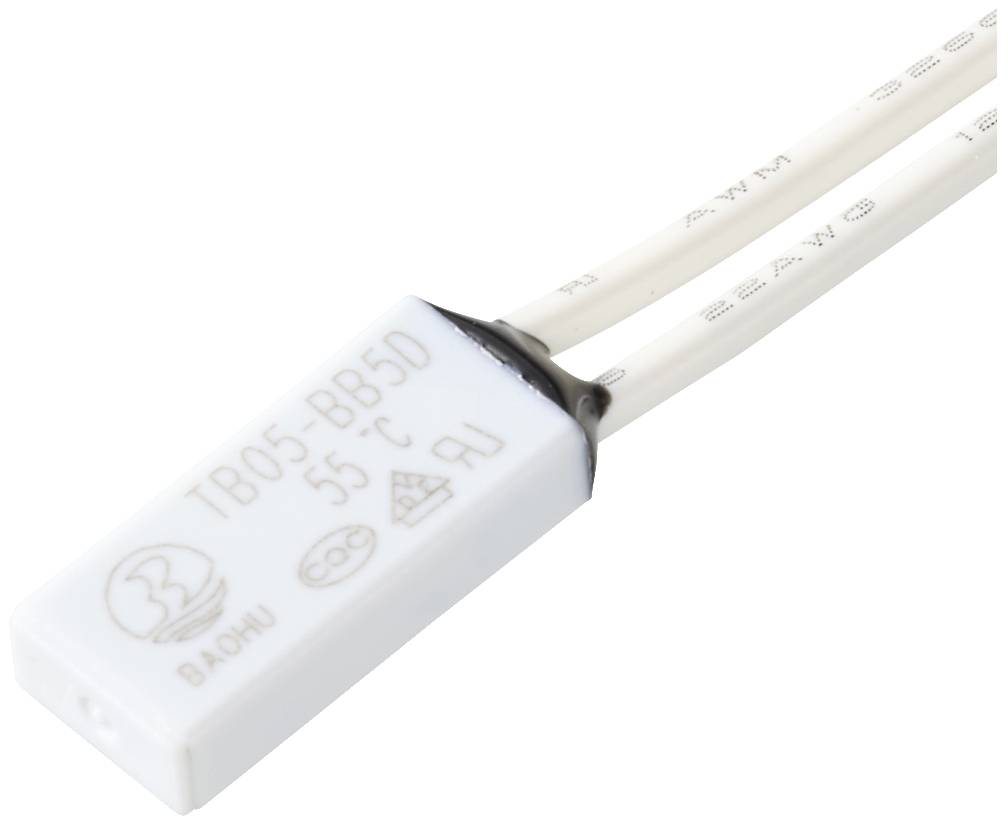 Ein weißer Temperaturregler mit Aufschrift 'TB05-BB5D 55°C', verbunden mit zwei weißen Kabeln. Geeignet für thermostatbasierte Anwendungen.