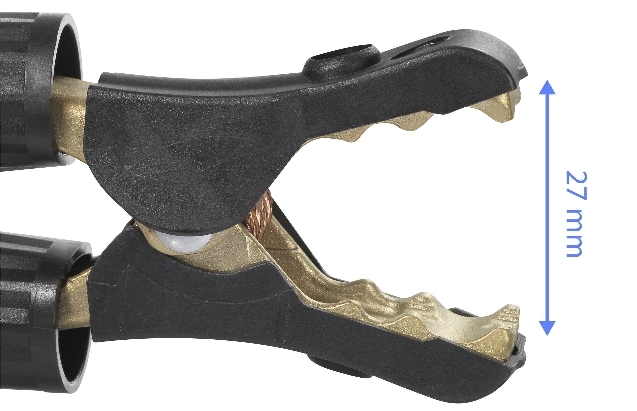 Nahaufnahme eines Metallkrokodilklemms 27 mm geöffnet, zeigt die gezackten Greifflächen.