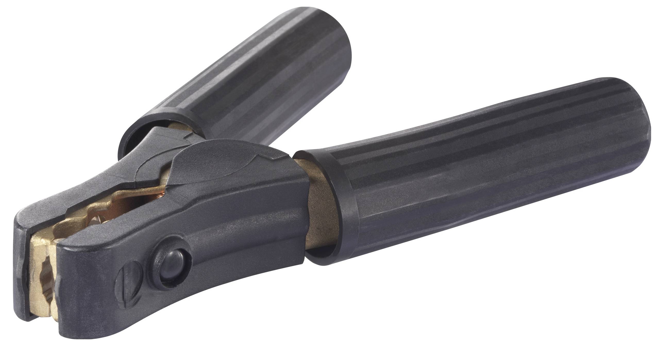 Eine schwarze Batterie-Klemme mit goldfarbenem Innenbereich, geeignet zum Anschließen an Autobatteriekabel.