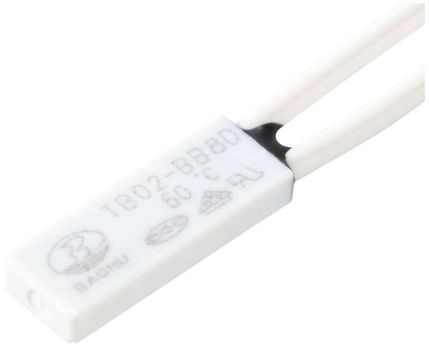 Temperaturschalter mit der Aufschrift 'TB02-BB80 60°C', rechteckige Form, zwei weiße Kabel, Übertemperaturschutz.
