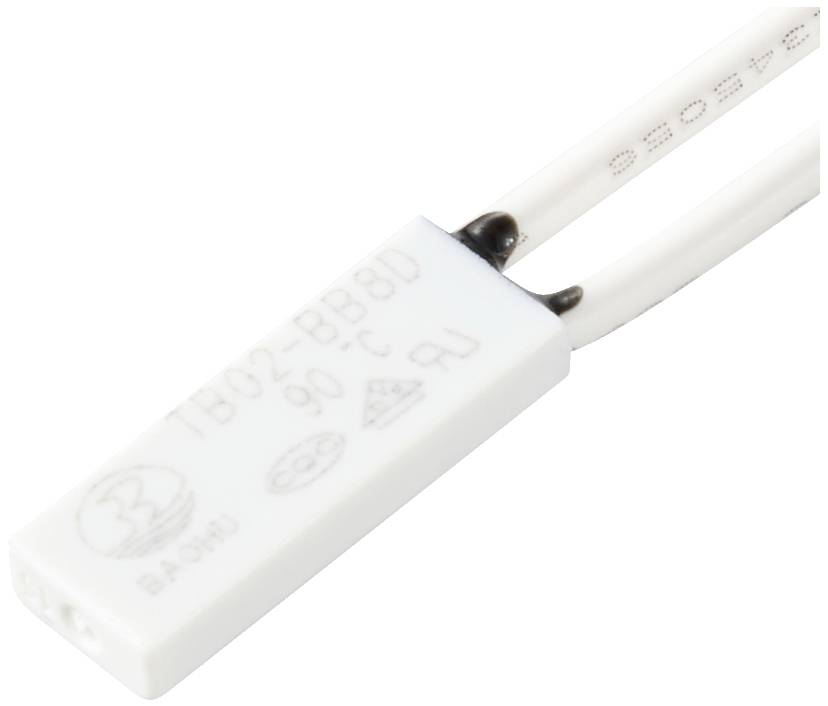 Ein weißer, rechteckiger Sensor mit der Aufschrift 'TBO2-BB8D 90°C'. Zwei Kabel sind an einer Seite des Sensors befestigt.