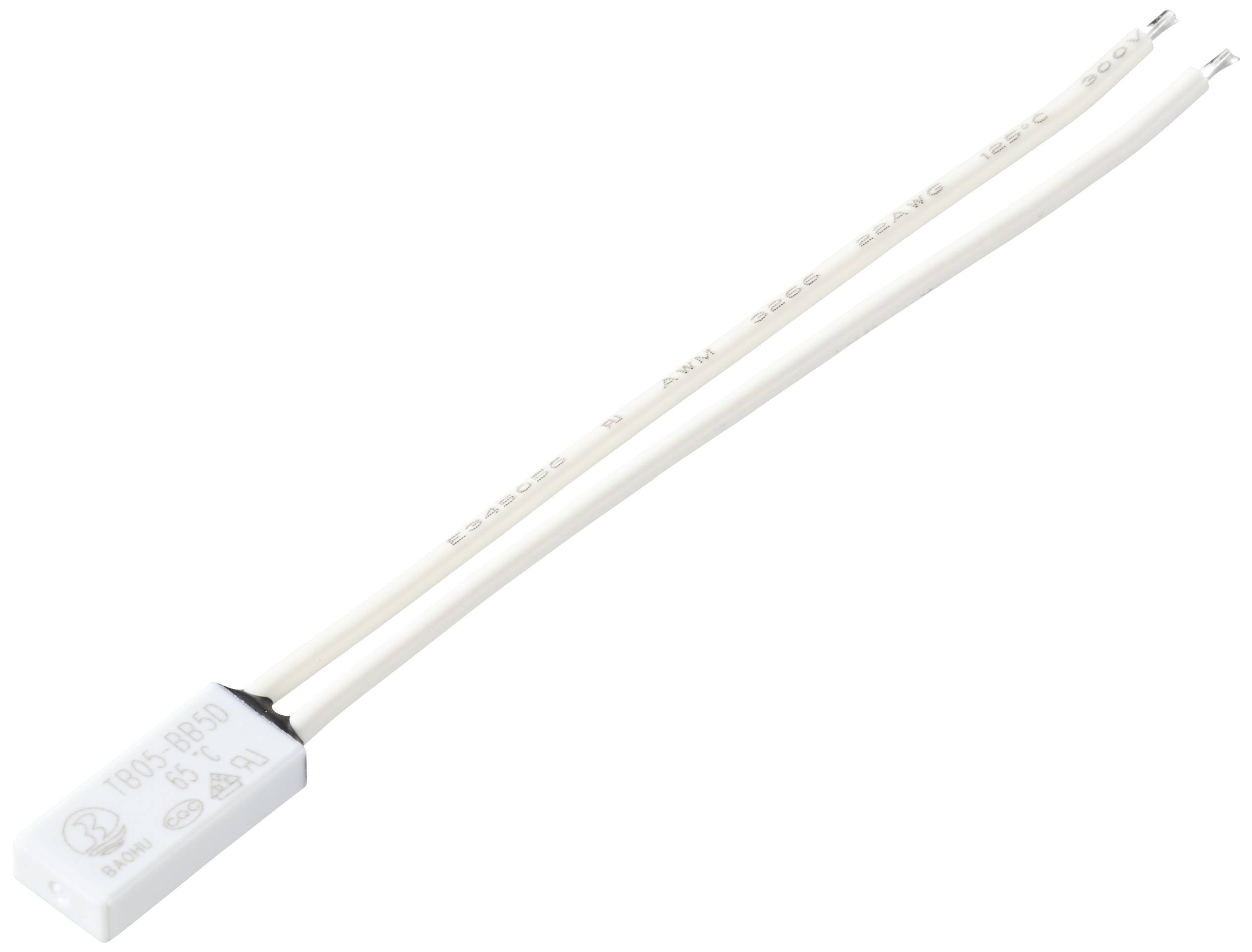 Weißer elektrischer Kondensator mit zwei Drähten. Geeignet für den Einsatz in elektronischen Schaltungen.