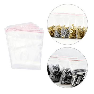 Leere durchsichtige Plastiktüten mit roten Siegeln, die neben Bildern von Schrauben, Bolzen und Befestigungselementen gezeigt werden und deren Verwendung zur Aufbewahrung nahelegen.