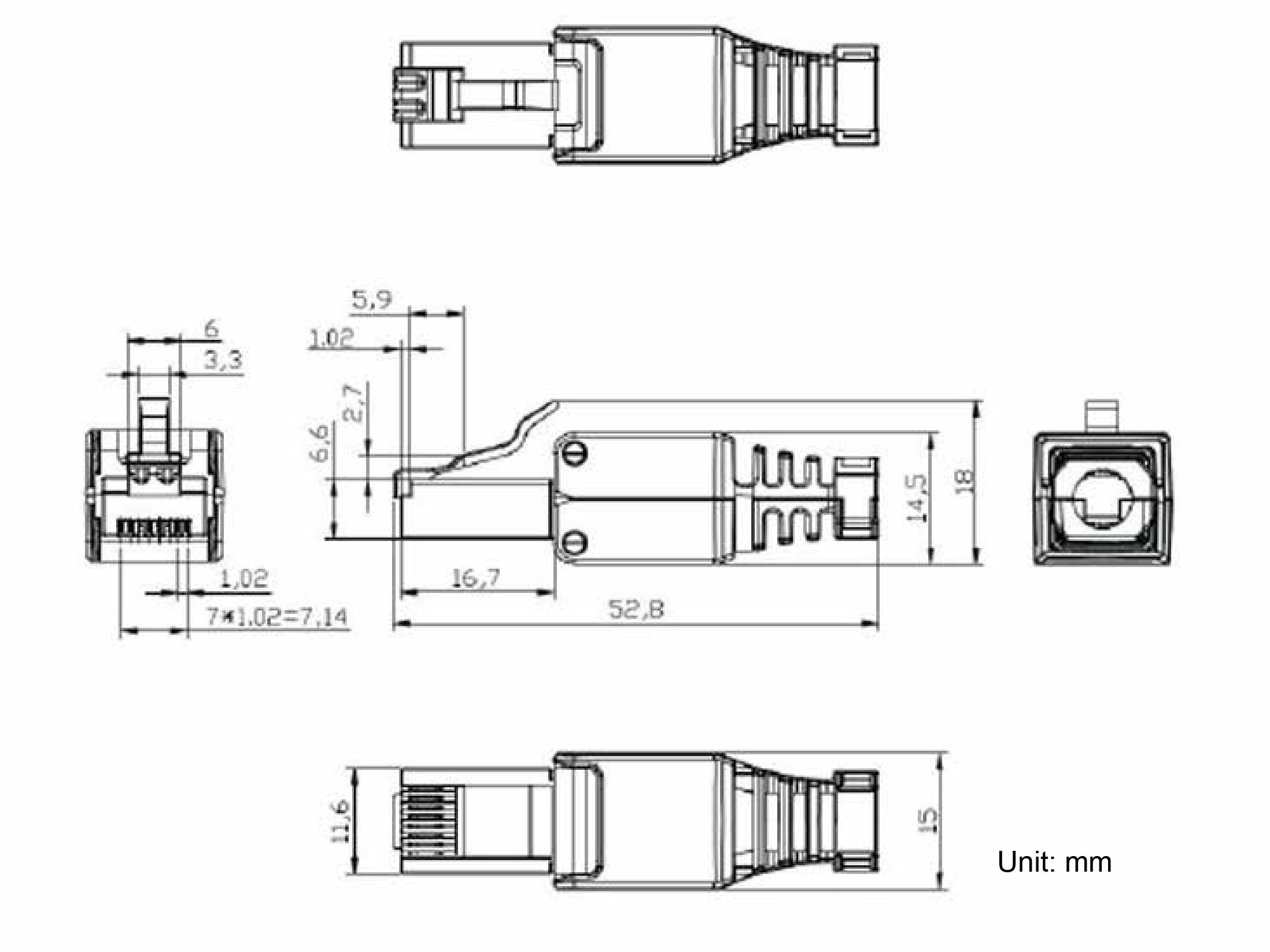 Technische Zeichnung eines Steckverbinders mit Maßen in Millimetern. Zeigt Seiten-, Ober- und Voransicht sowie genaue Größenangaben.