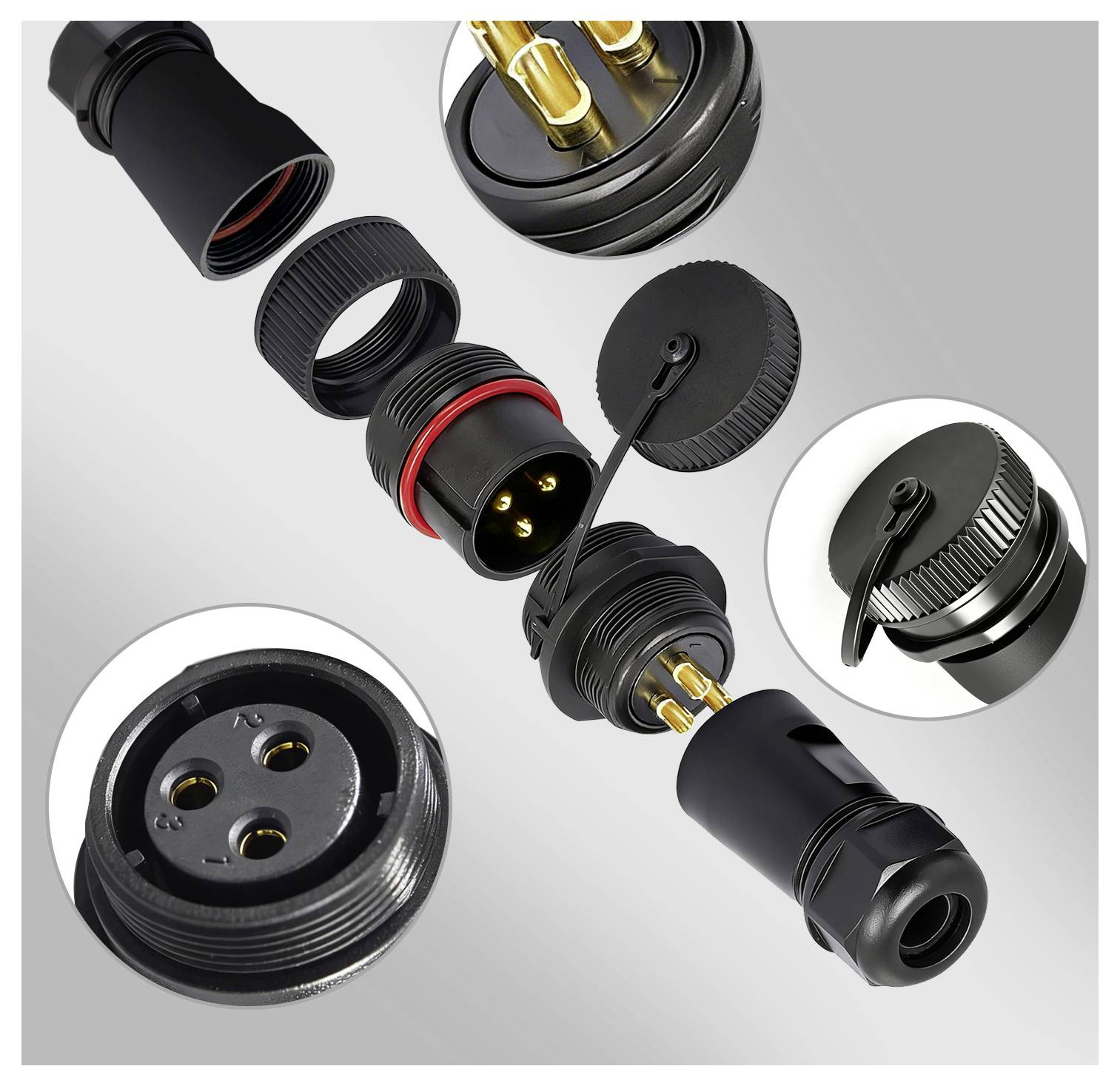 Explodierte Ansicht eines wasserdichten Elektrosteckers mit verschiedenen Komponenten wie Kontaktstiften, Gehäuse und Dichtungen, wobei die Montage hervorgehoben wird.