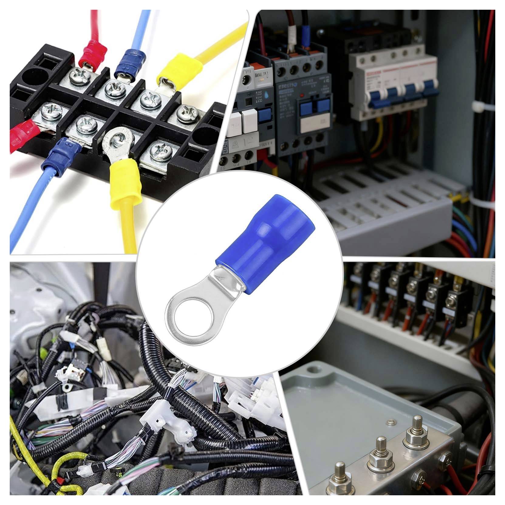 Collage von Elektroinstallationskomponenten: Klemmleisten, Schaltschrankverkabelung, Kabelstränge und ein blauer Ringkabelschuh in der Mitte.