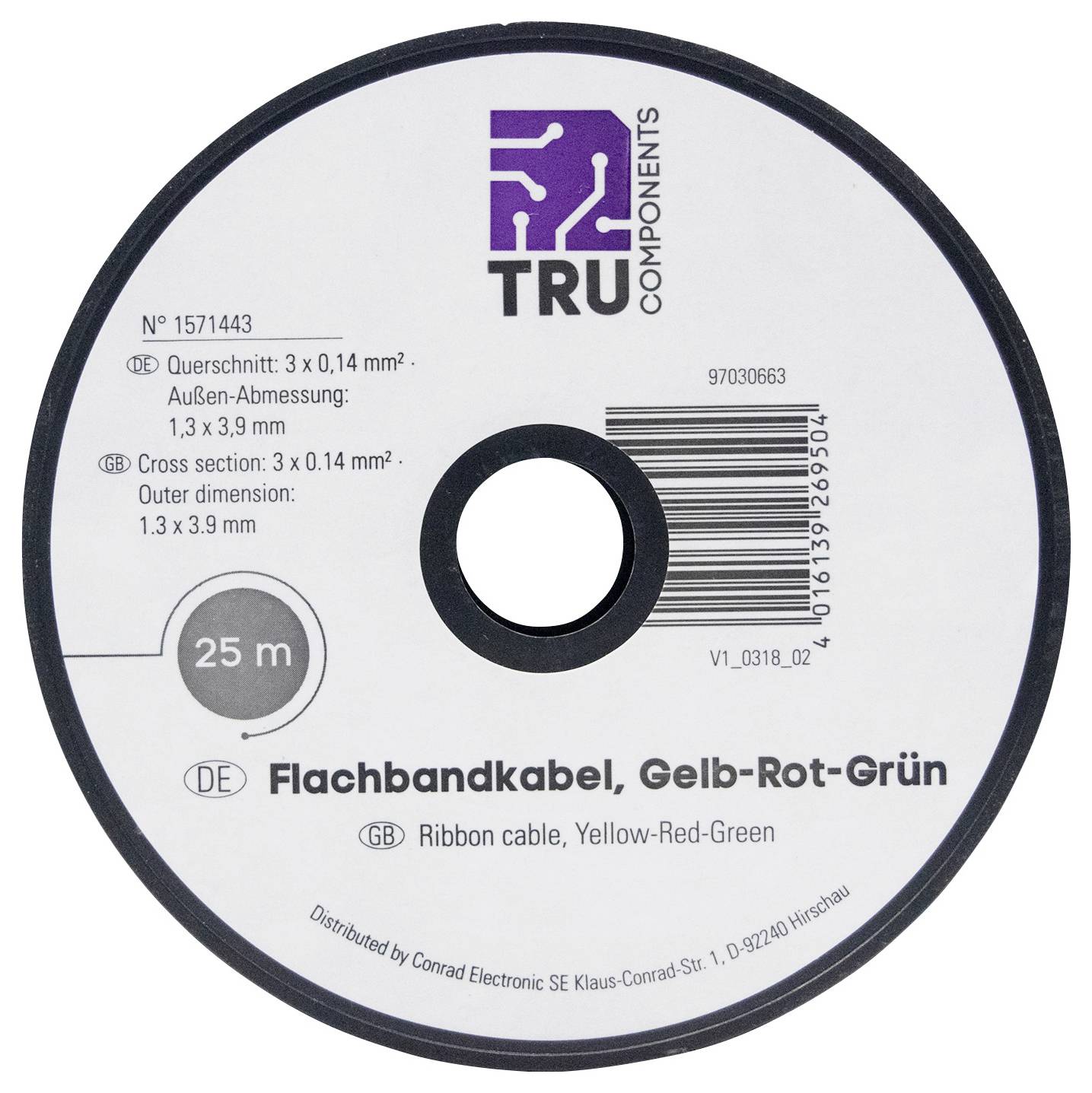 Runde Spule mit Flachbandkabel, gelb-rot-grün, 25 m, Querschnitt 3 x 0,14 mm², Außendurchmesser 1,3 x 3,9 mm, Marke TRU Components.