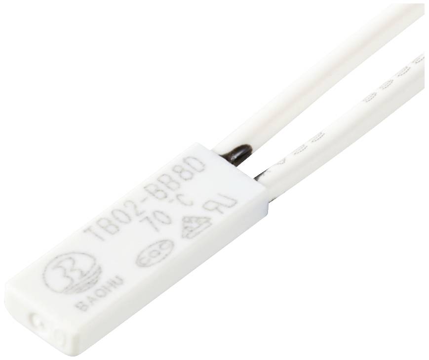 Ein rechteckiger Temperatursensor TB02-BB8D, weiß mit zwei weißen Drähten, zeigt die Aufschrift '70 °C'.