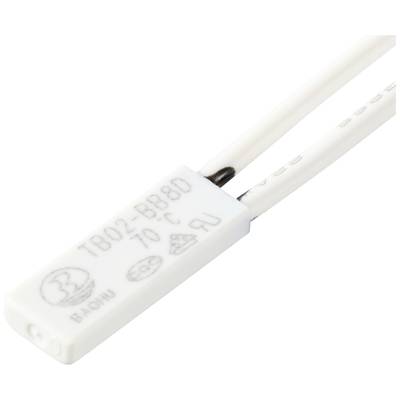 Ein rechteckiger Temperatursensor TB02-BB8D, weiß mit zwei weißen Drähten, zeigt die Aufschrift '70 °C'.