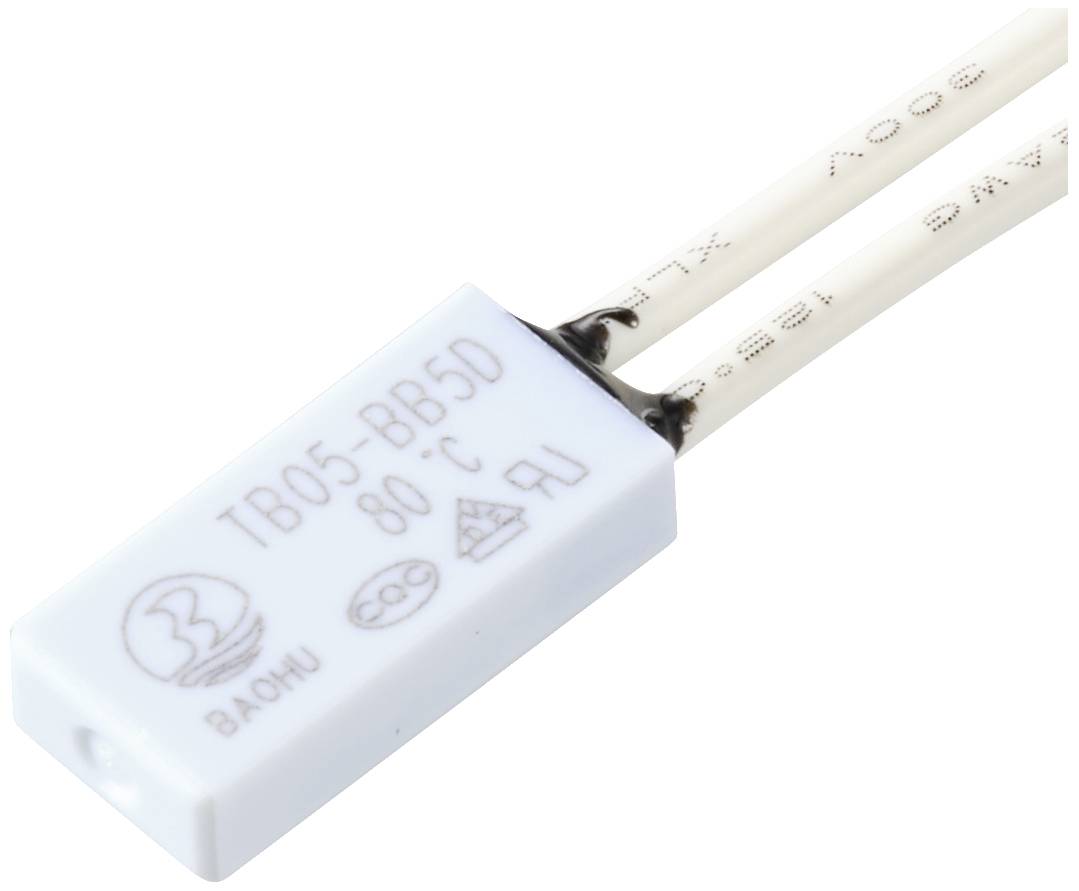 Ein rechteckiger Temperaturschalter mit zwei weißen Drähten, auf dem 'TB05-BB5D 80°C' steht; er ist für elektrische Schutzschaltungen gedacht.