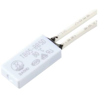 Ein rechteckiger Temperaturschalter mit zwei weißen Drähten, auf dem 'TB05-BB5D 80°C' steht; er ist für elektrische Schutzschaltungen gedacht.