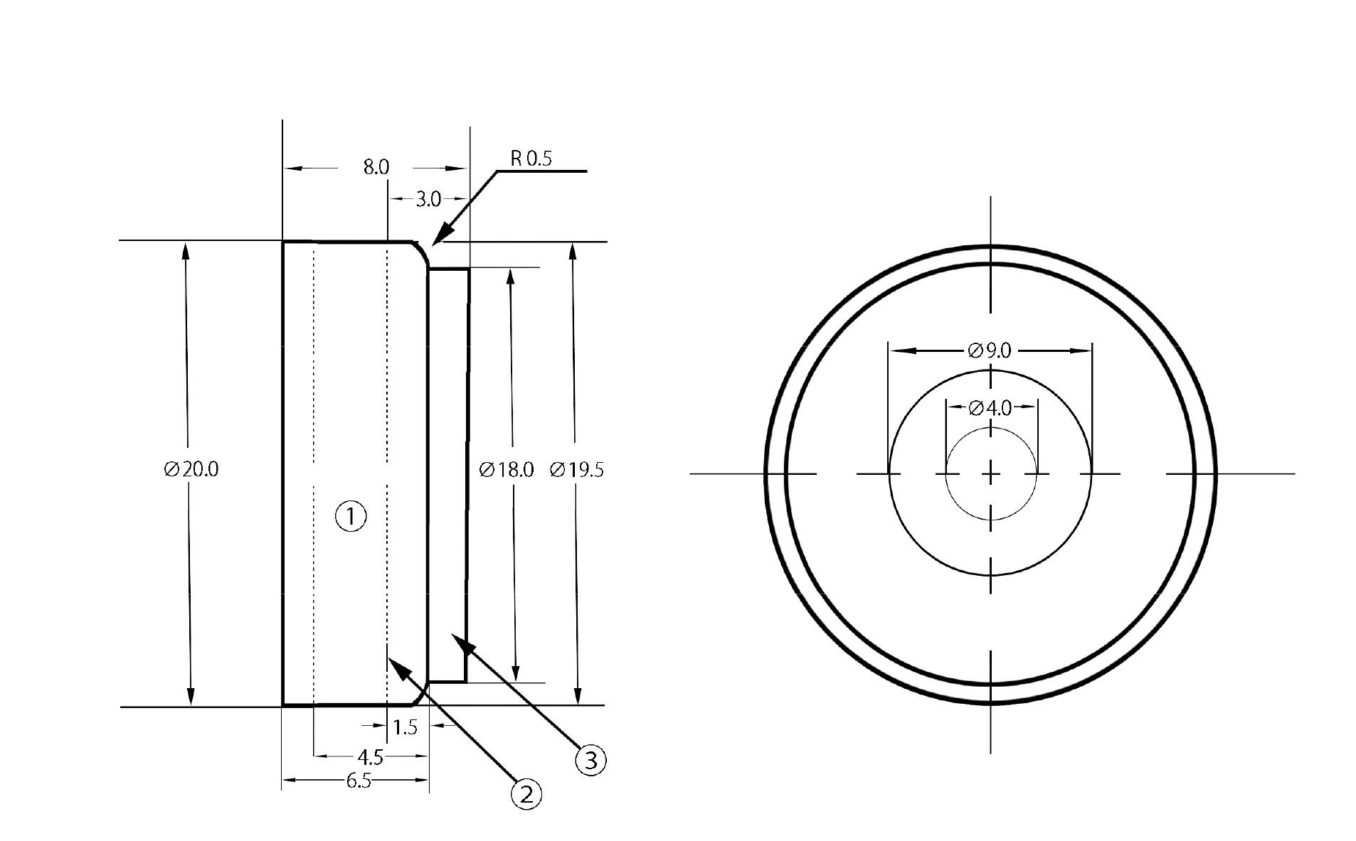 Technische Zeichnung eines zylindrischen Bauteils mit Maßen: Durchmesser 20 mm außen, 18 mm innen, Höhe 8 mm. Seitenansicht links, Draufsicht rechts.