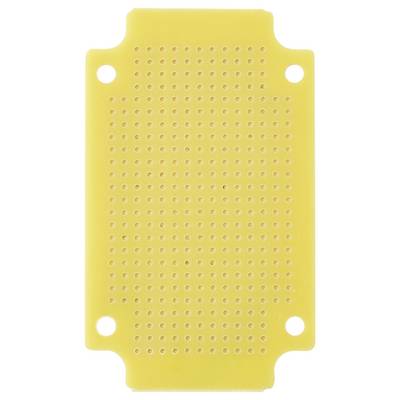 Eine rechteckige gelbe durchlöcherte Leiterplatte, die für elektronische Prototypenerstellung verwendet wird und ein Gitternetz aus kleinen Löchern für Komponentenverbindungen aufweist.