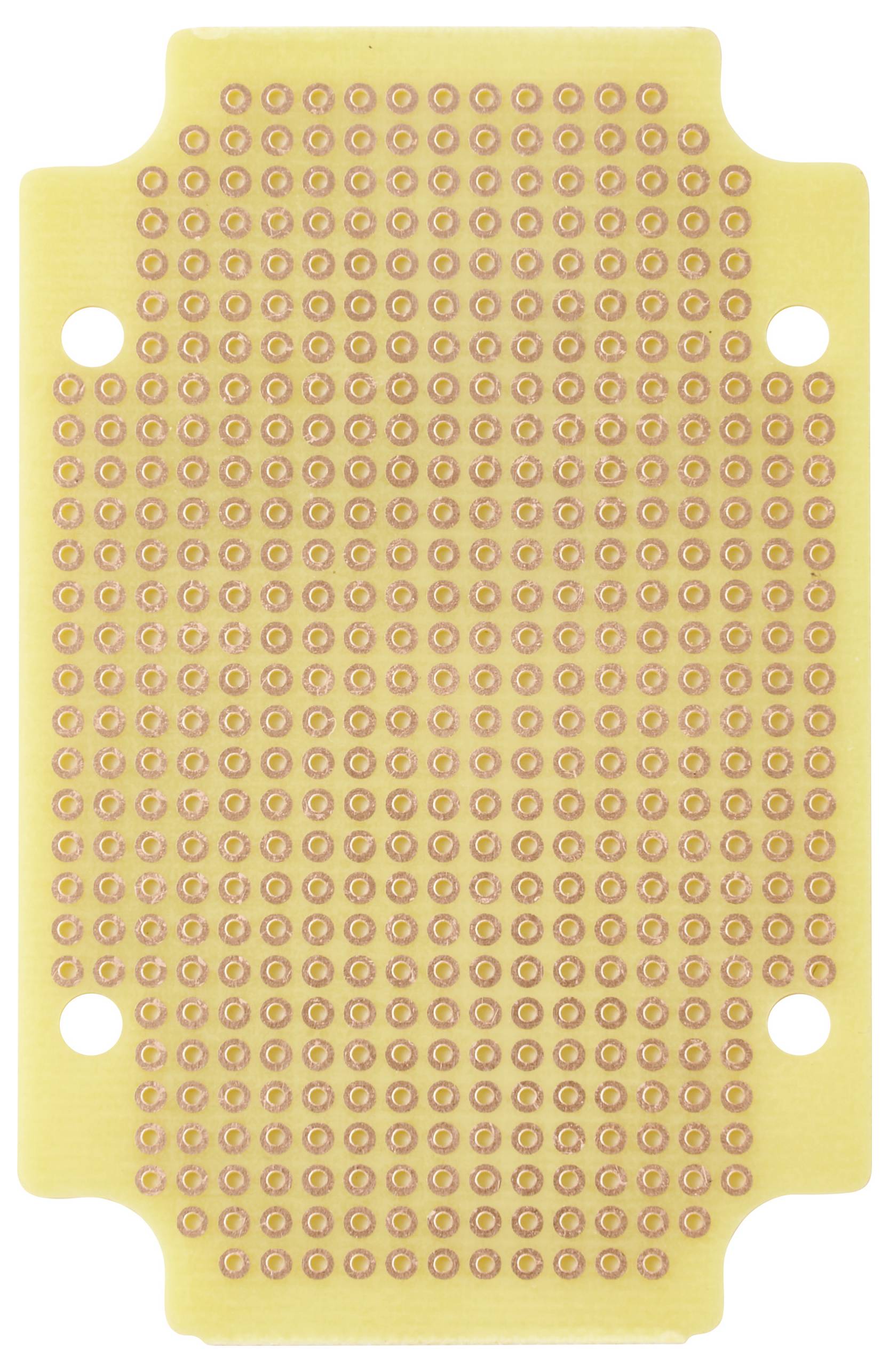 Eine gelbe gelochte Leiterplatte mit einem Raster gleichmäßig angeordneter Löcher, die zum Befestigen von elektronischen Bauteilen verwendet wird.