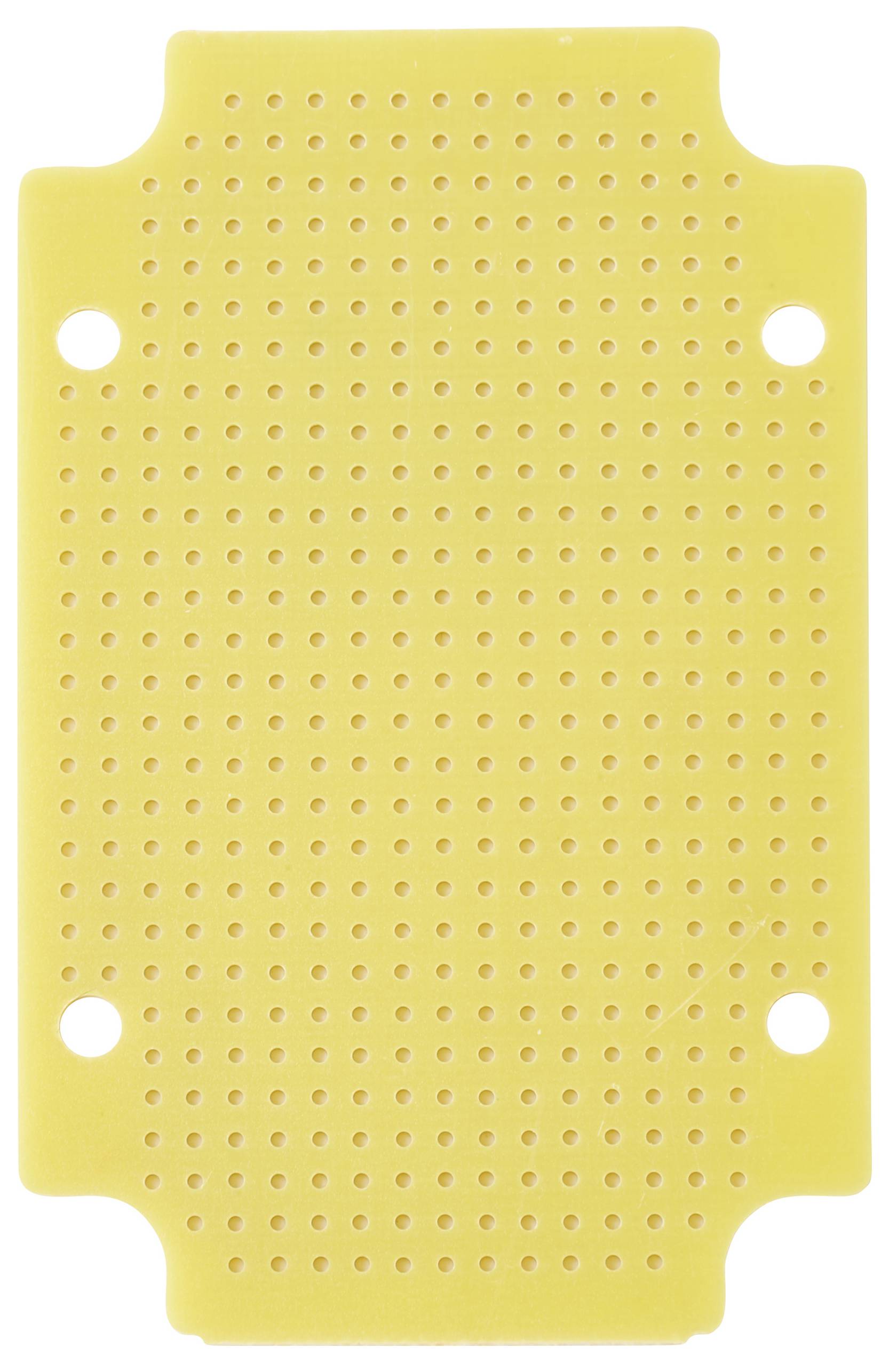 Gelbe Prototyping-Platine mit mehreren Löchern in einem Gittermuster zur Montage elektronischer Schaltkreise.