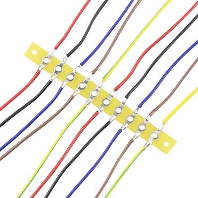 Gelbe Isolierschiene mit zehn Metallanschlüssen, diagonal ausgerichtet. Wird in elektrischen Schaltungen zur Erdung verwendet.