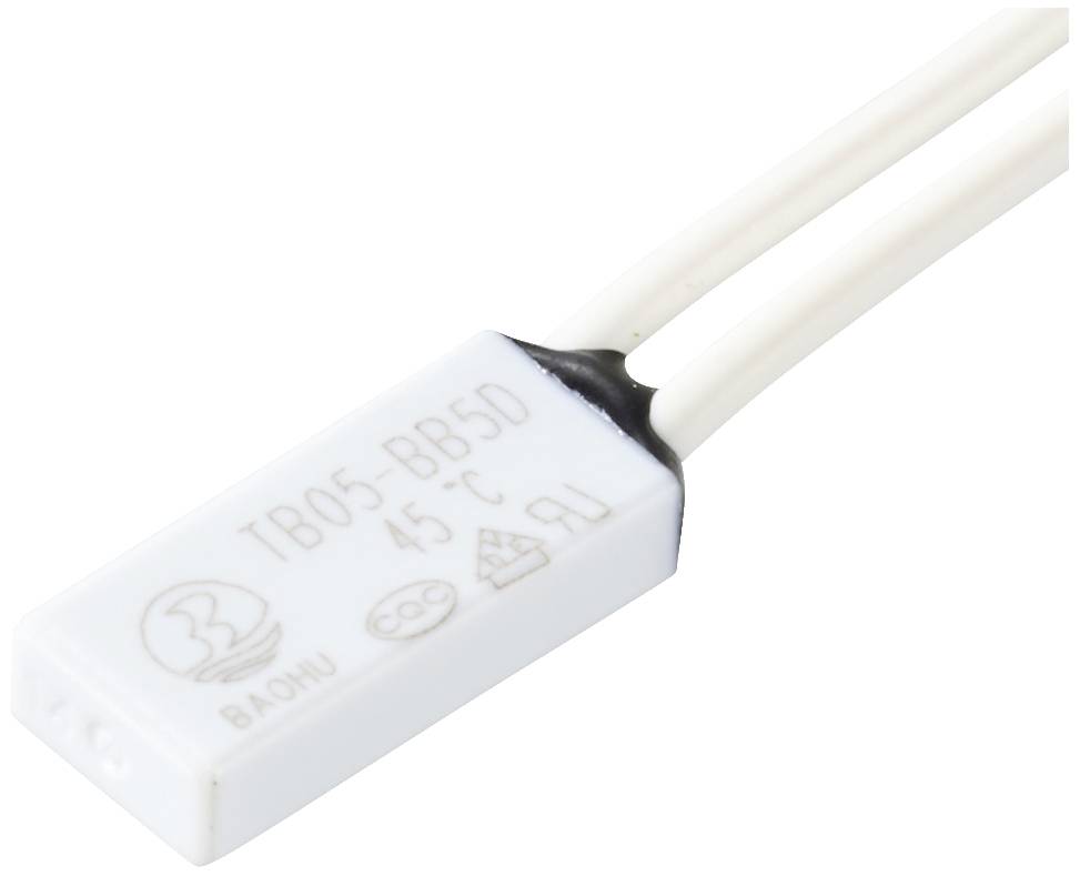 Ein rechteckiger, weißer Temperaturschutzschalter mit zwei angeschlossenen Drähten und der Aufschrift 'TB05-BB5D 45°C'.