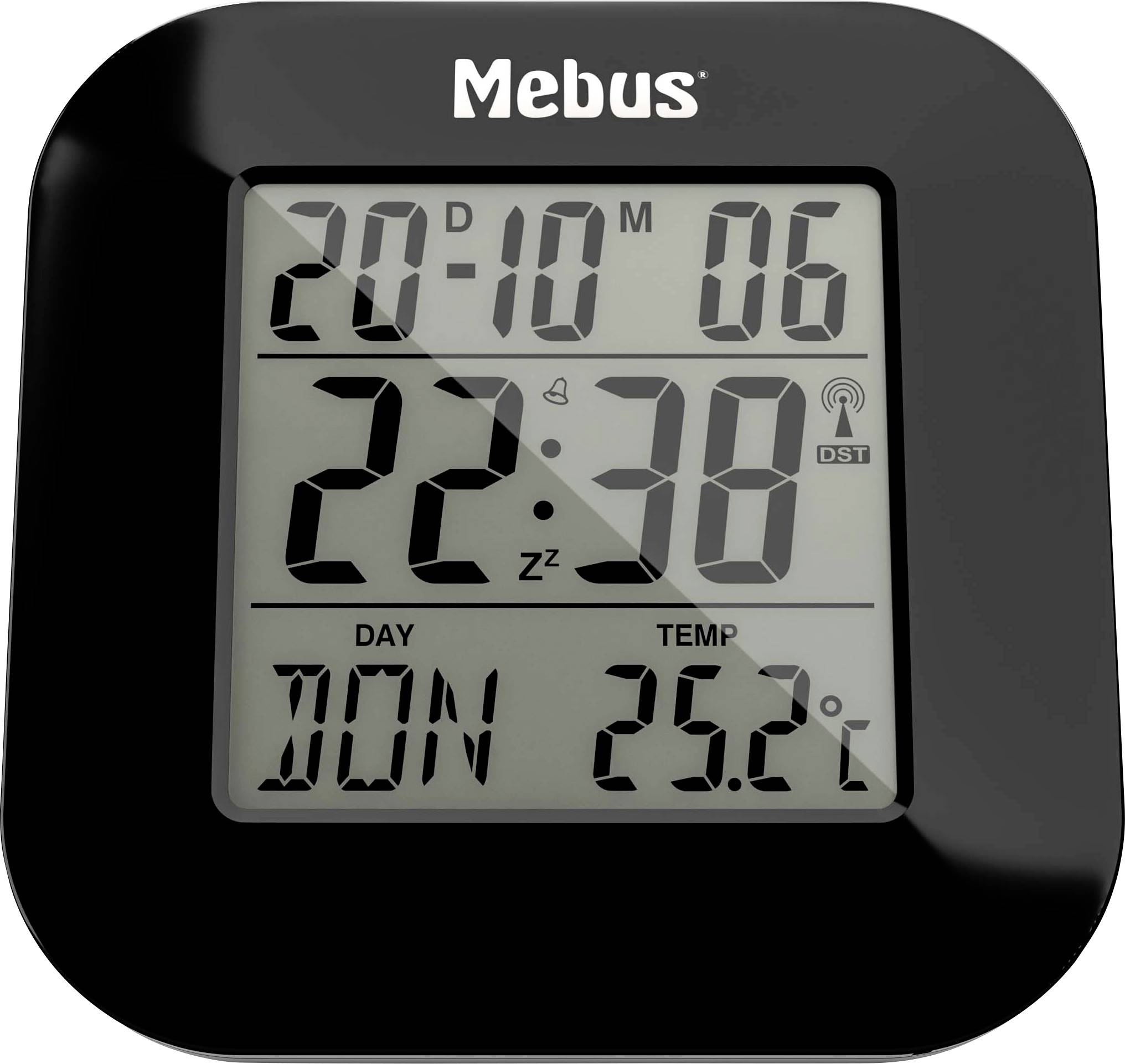 Digitale Uhr zeigt '20-10 M 06', Zeit '22:38', Tag 'DON', Temperatur '25.2°C', mit schwarzem Rahmen und Markenname 'Mebus'.