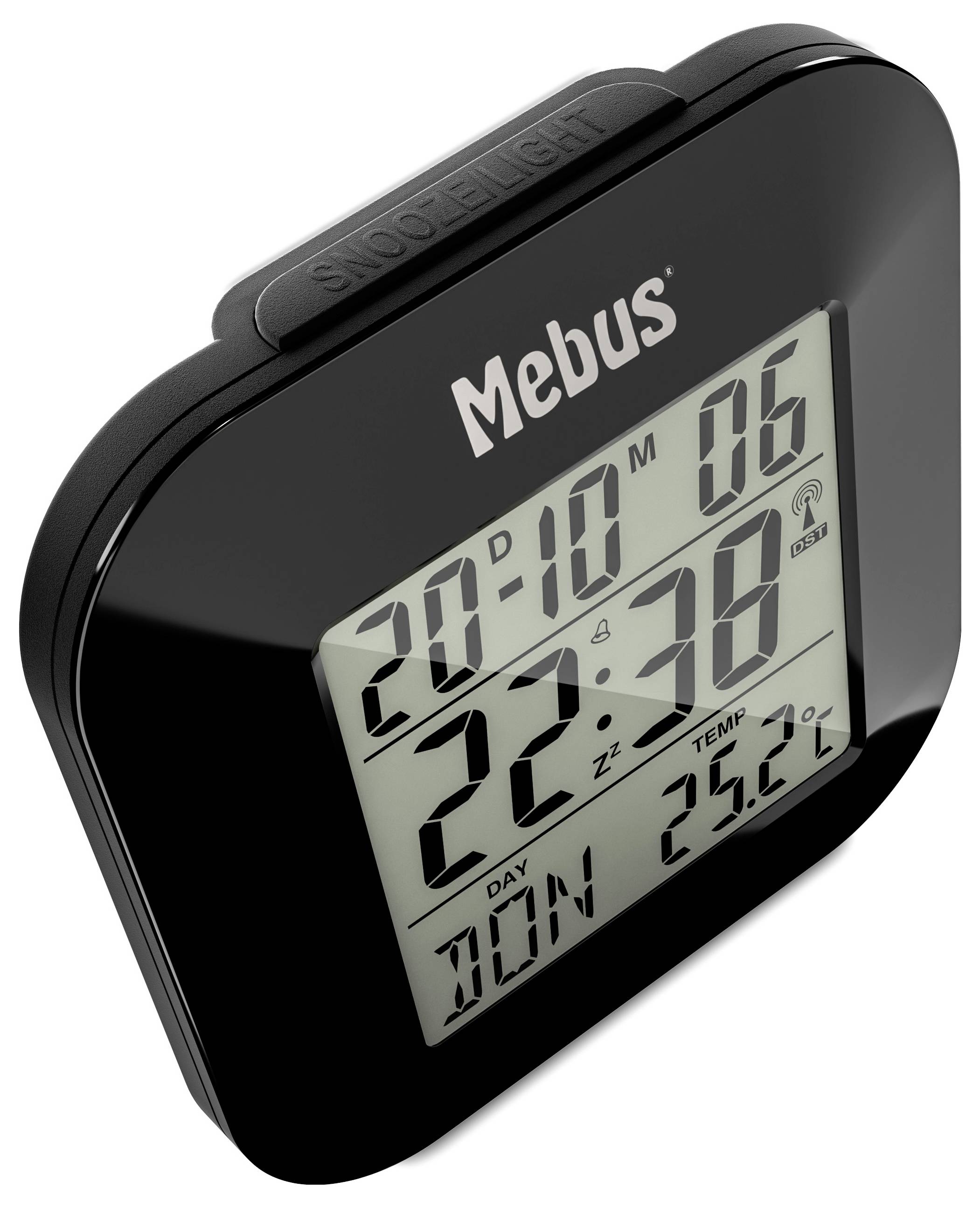 Eine schwarze digitale Wecker zeigt die Uhrzeit „20:10" an, das Datum „22", den Tag „MON" und die Temperatur „25,1°C". Der Markenname „Mebus" befindet sich oben.