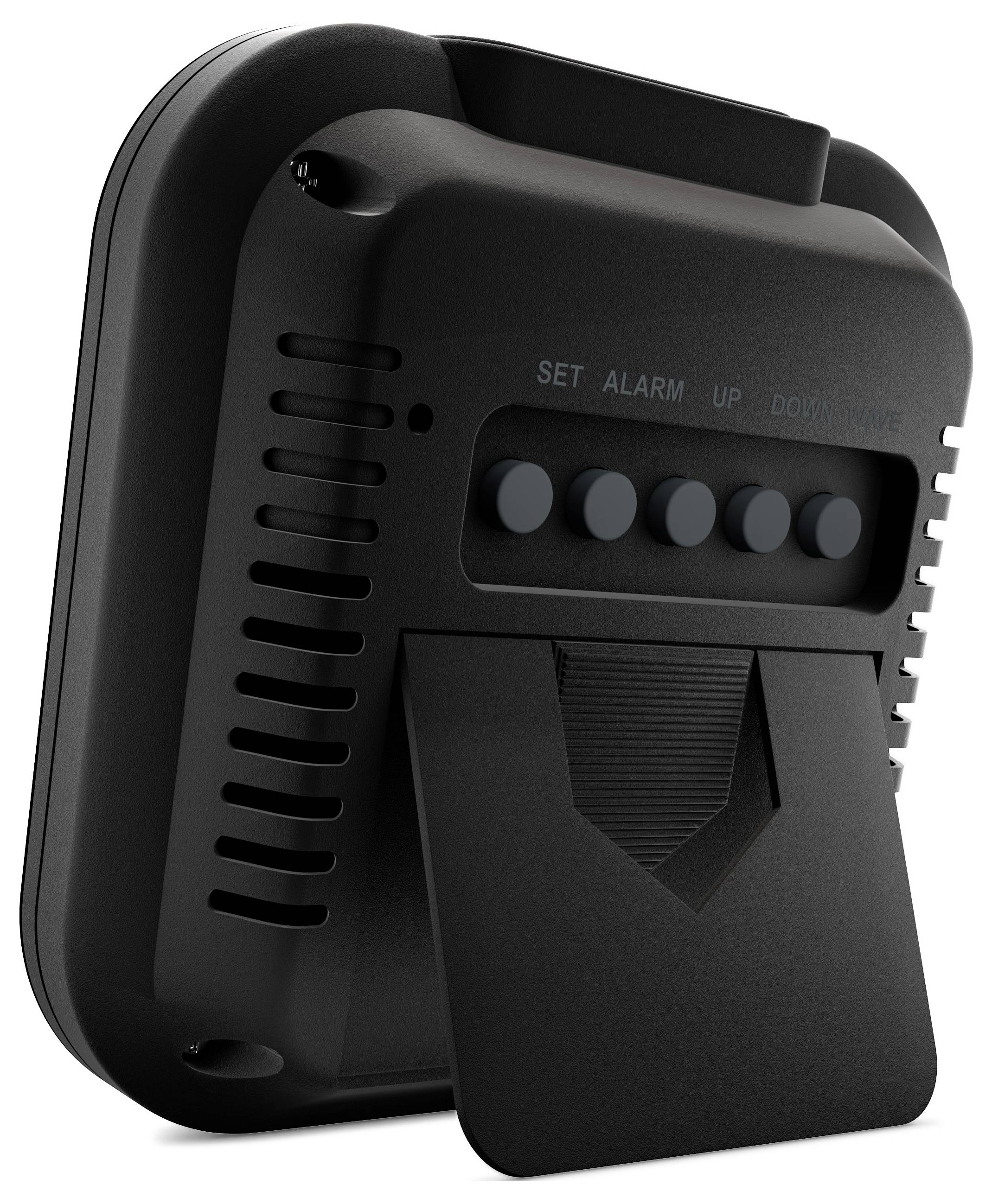 Digitale Uhr mit Tasten mit den Bezeichnungen Set, Alarm, Up, Down, Snooze; schwarzes Gehäuse und Ständer auf der Rückseite, für die Verwendung auf dem Tisch konzipiert.