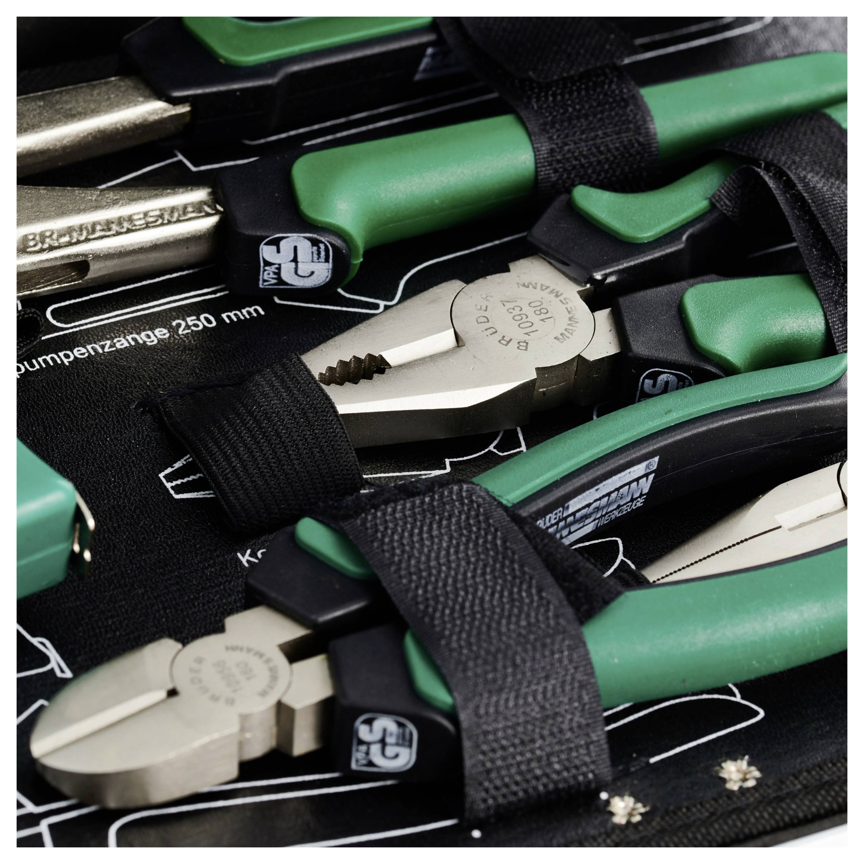 Werkzeug-Set mit Zangen in einem schwarzen Etui. Die Zangen haben grüne Griffe. Markenlogo auf der Zange sichtbar.