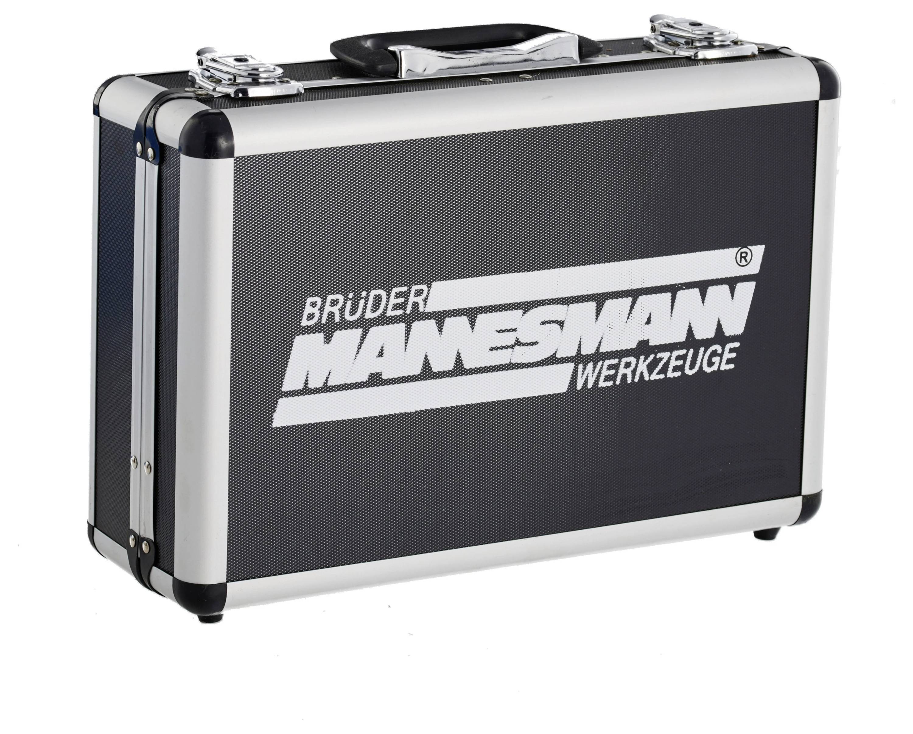 'Brüder Mannesmann Werkzeuge' Werkzeugkoffer in silbernem Design mit schwarzer Vorderseite.
