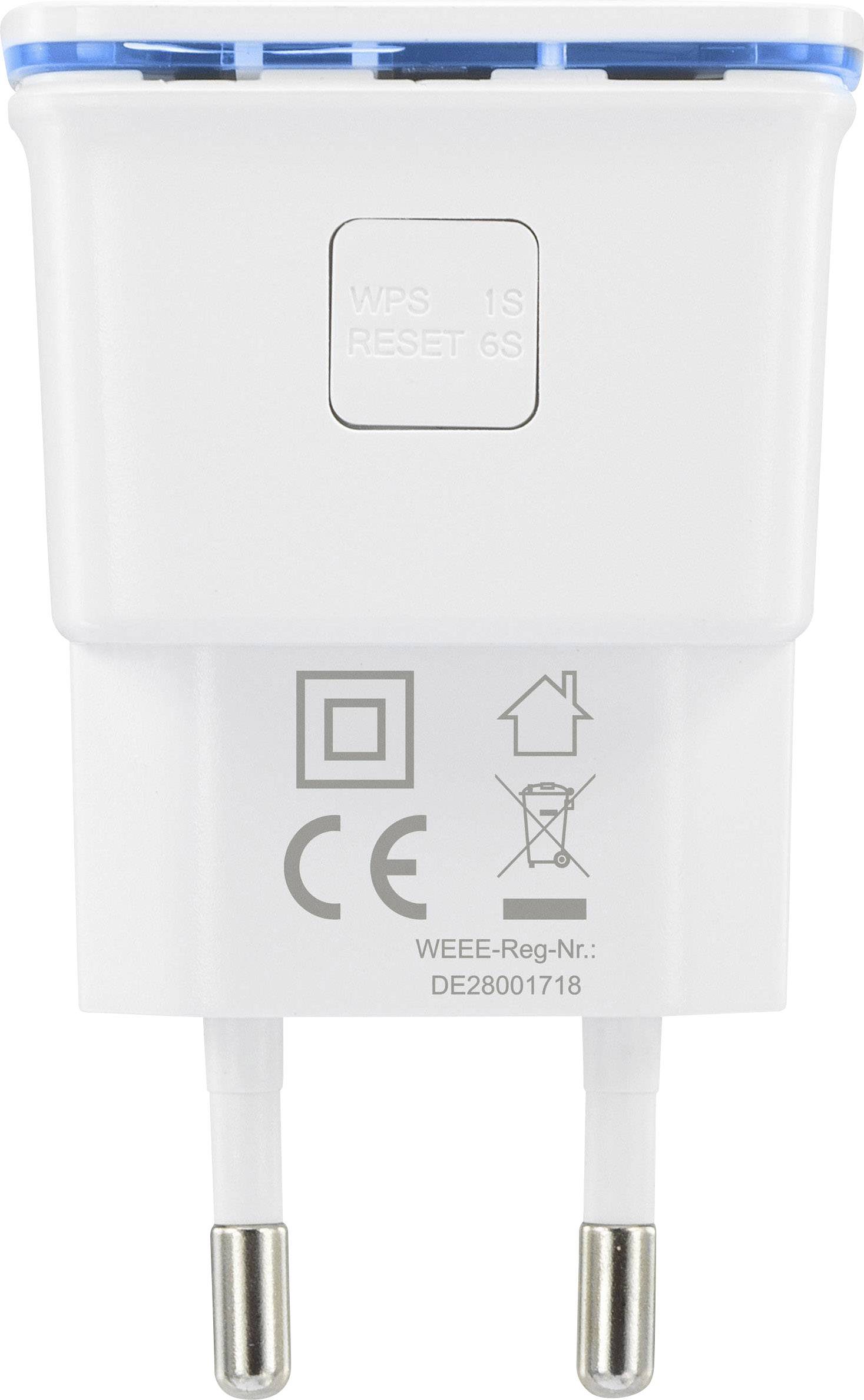 Ein weißes elektrisches Ladegerät mit zwei Steckern, CE- und WEEE-Registrierungsnummer. Oberseite zeigt WPS- und RESET-Tasten.