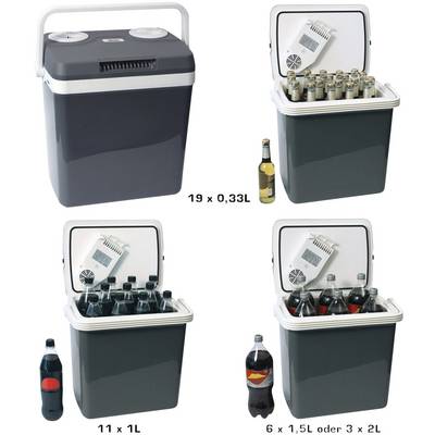 Kühlbox mit offenem Deckel zeigt verschiedene Flaschenplatzierungen: 19 x 0,33L, 11 x 1L, 6 x 1,5L oder 3 x 2L Flaschen.