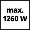 'max. 1260 W' in schwarzer Schrift auf weißem Hintergrund, vermutlich ein Hinweis auf die maximale Leistung eines Geräts.