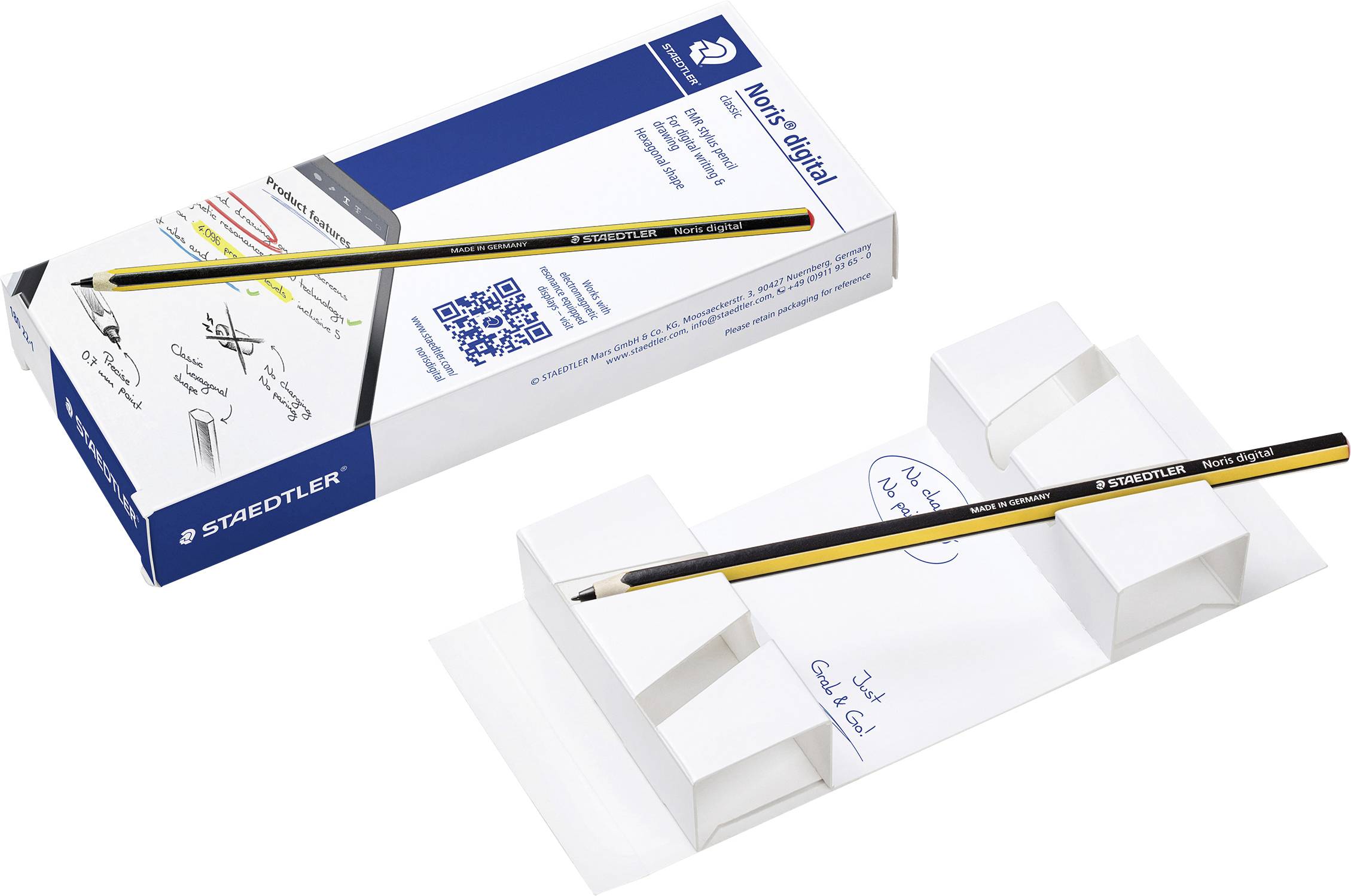 Ein Digitalstift von Staedtler liegt neben einer geöffneten Verpackung. Der Stift ist schwarz-gelb mit digitaler Funktion.