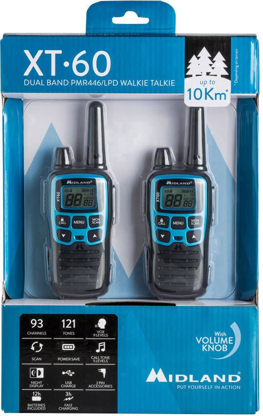 Zwei blaue Walkie-Talkies 'XT60' von Midland in der Verpackung. Hinweis auf eine Reichweite von bis zu 10 km.