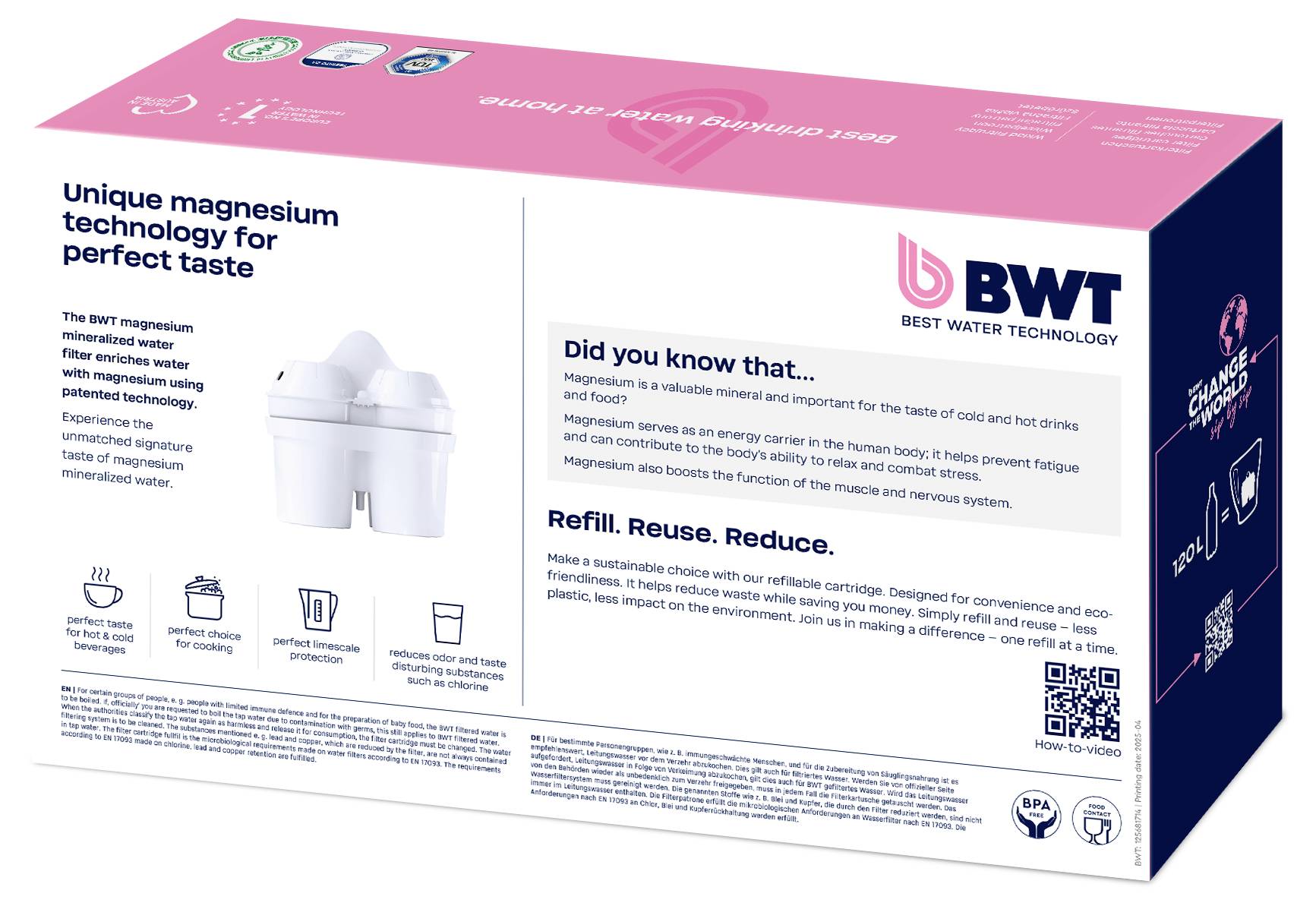 BWT Wasserfilter-Box mit Hervorhebung des Textes "Einzigartige Magnesium-Technologie für perfekten Geschmack" und Nachhaltigkeitsbotschaft "Nachfüllen, Wiederverwenden, Reduzieren"