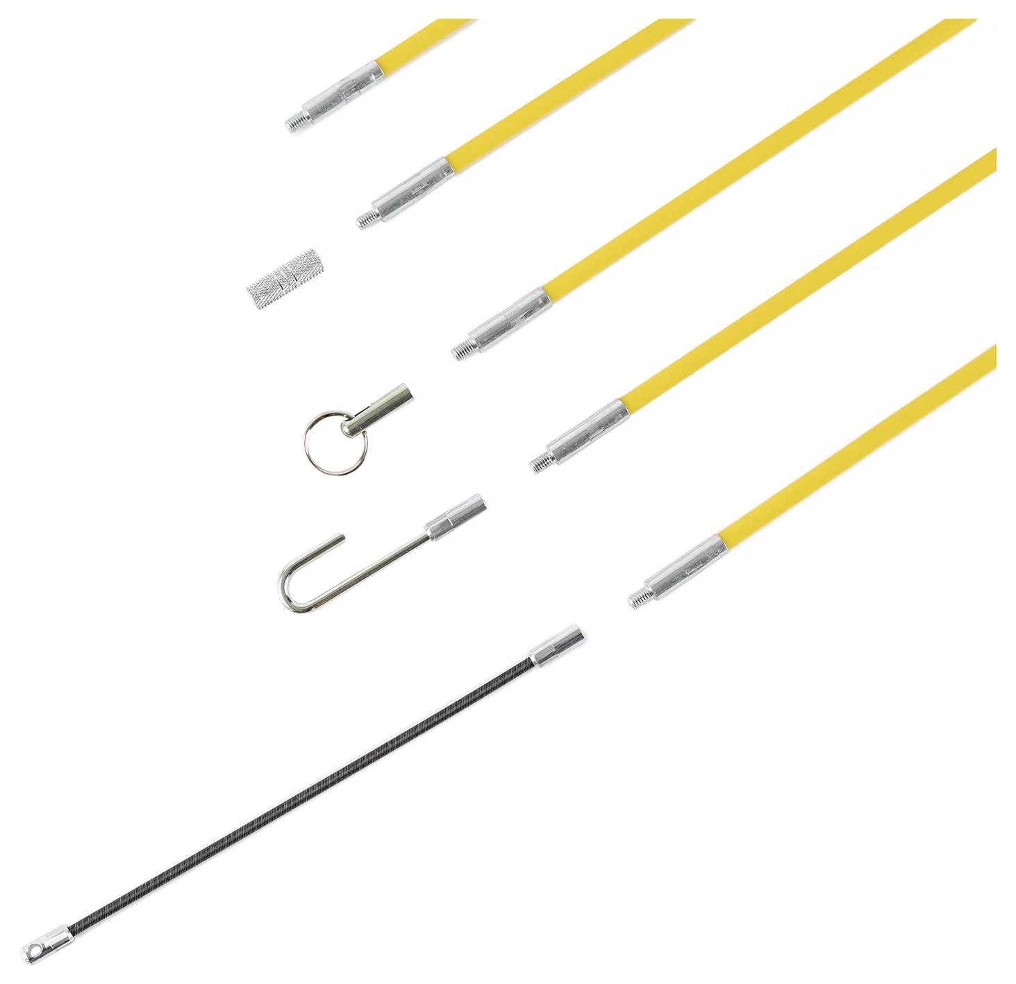 Mehrere gelbe Glasfaserstäbe mit Verbindungsteilen. Enthalten sind unterschiedliche Kupplungen, ein flexibler Stabteil und ein Haken.