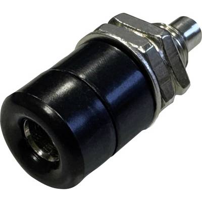 Ein schwarzer Zylinder mit Metallgewinde und einer Stiftspitze, vermutlich ein technisches Bauteil wie ein Schalter oder Sensor.