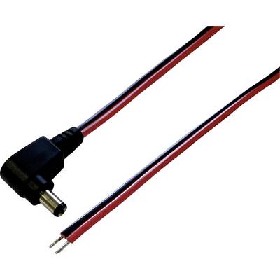 Ein schwarzes DC-Netzkabel mit abgewinkeltem Stecker und roten und schwarzen Leitungen ist zu sehen. Geeignet für Elektrozwecke.