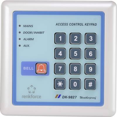 Türzugangskontrollgerät mit Tastenfeld. Tasten von 0 bis 9, Stern und Raute. Tasten für 'BELL'. Anzeigen: Mains, Door/Inhibit, Alarm, Aux.