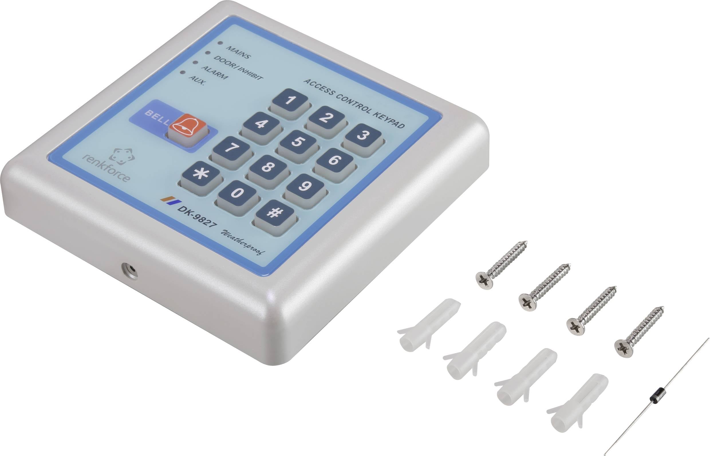 Ein elektronisches Zugangskontrollsystem mit numerischer Tastatur, montierbar an Wänden. Enthält Schrauben und Befestigungsmaterial.
