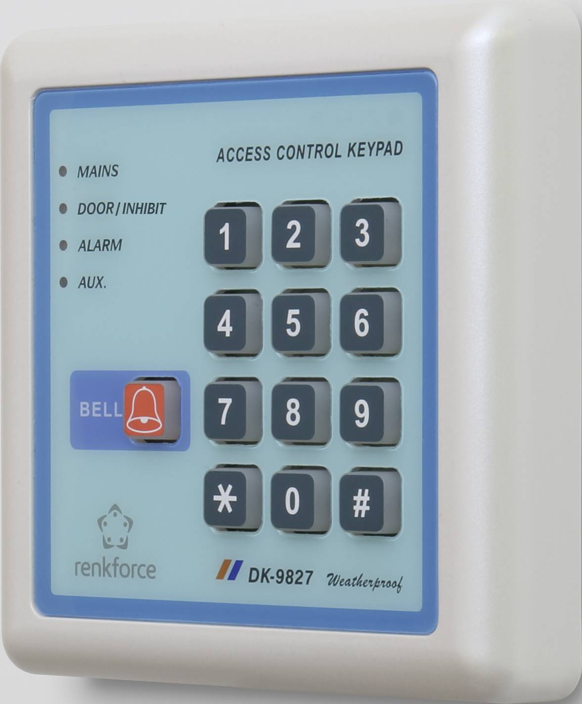 Zugangskontroll-Tastatur mit numerischem Tastenfeld und Glockensymbol. Funktionen: 'Mains', 'Door Inhibit', 'Alarm', 'Aux'.