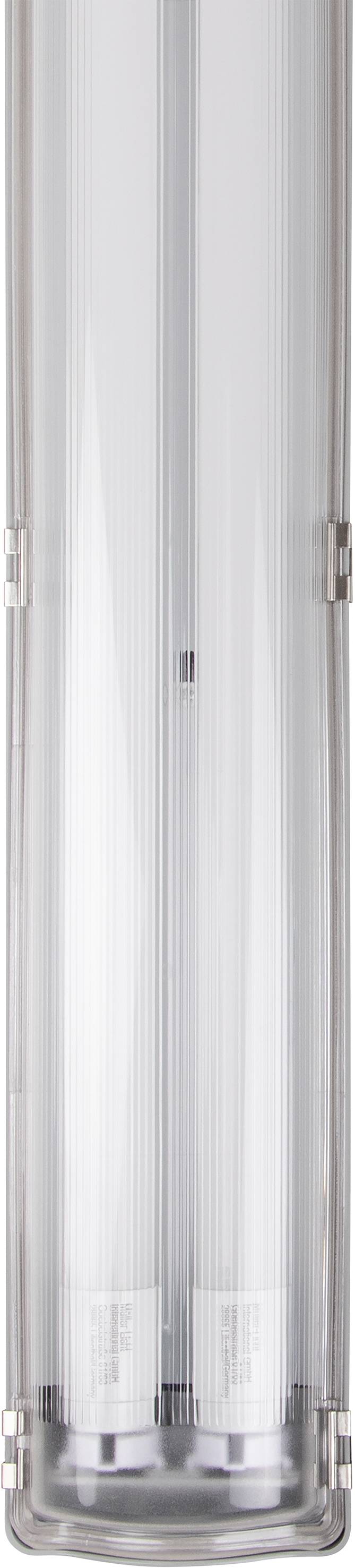 Ein langer, transparenter Schutz für zwei parallele Leuchtstoffröhren, geeignet für industrielle Beleuchtung in robusten Umgebungen.