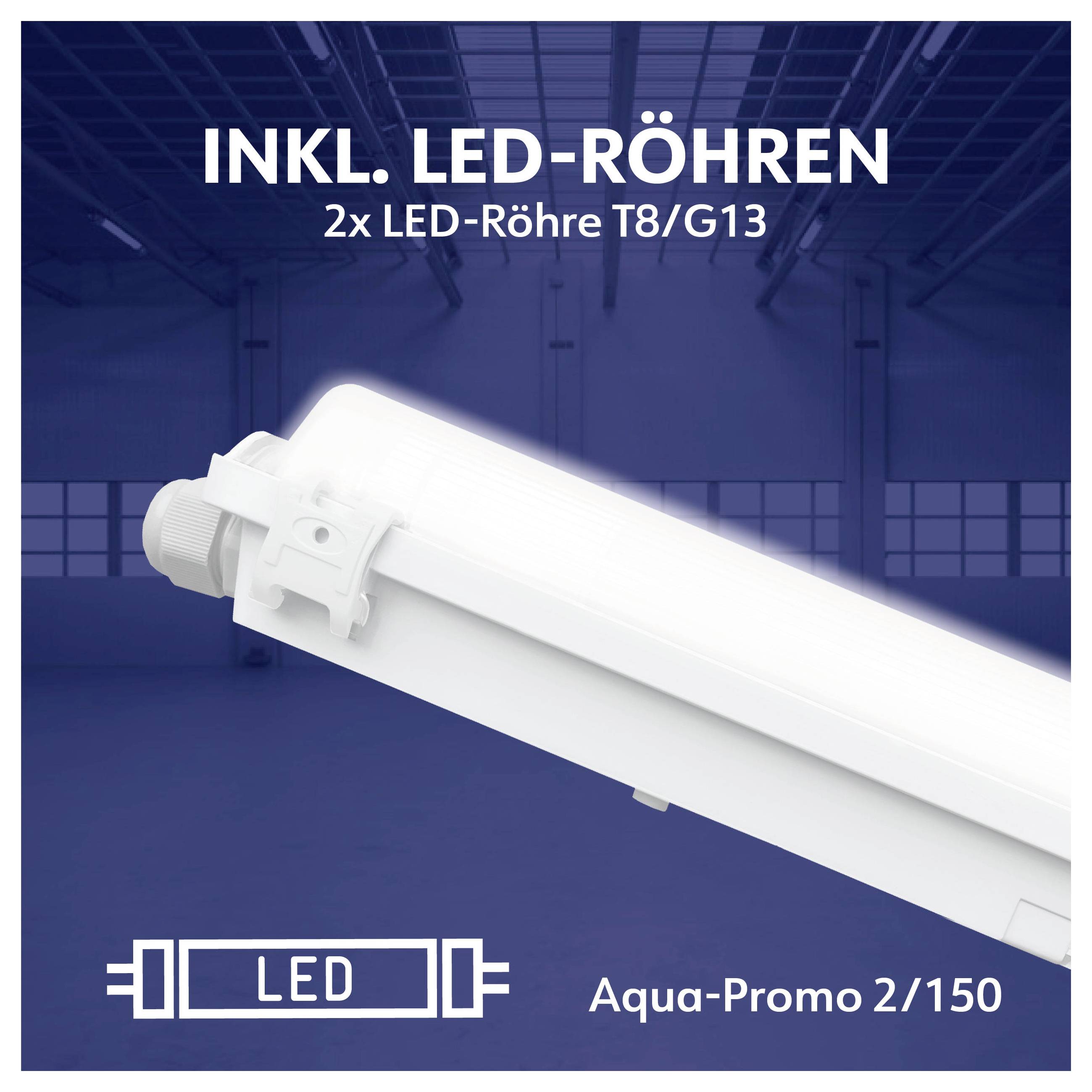 Produktbild einer LED-Leuchte mit der Aufschrift 'INKL. LED-RÖHREN', '2x LED-Röhre T8/G13' und 'Aqua-Promo 2/150'.