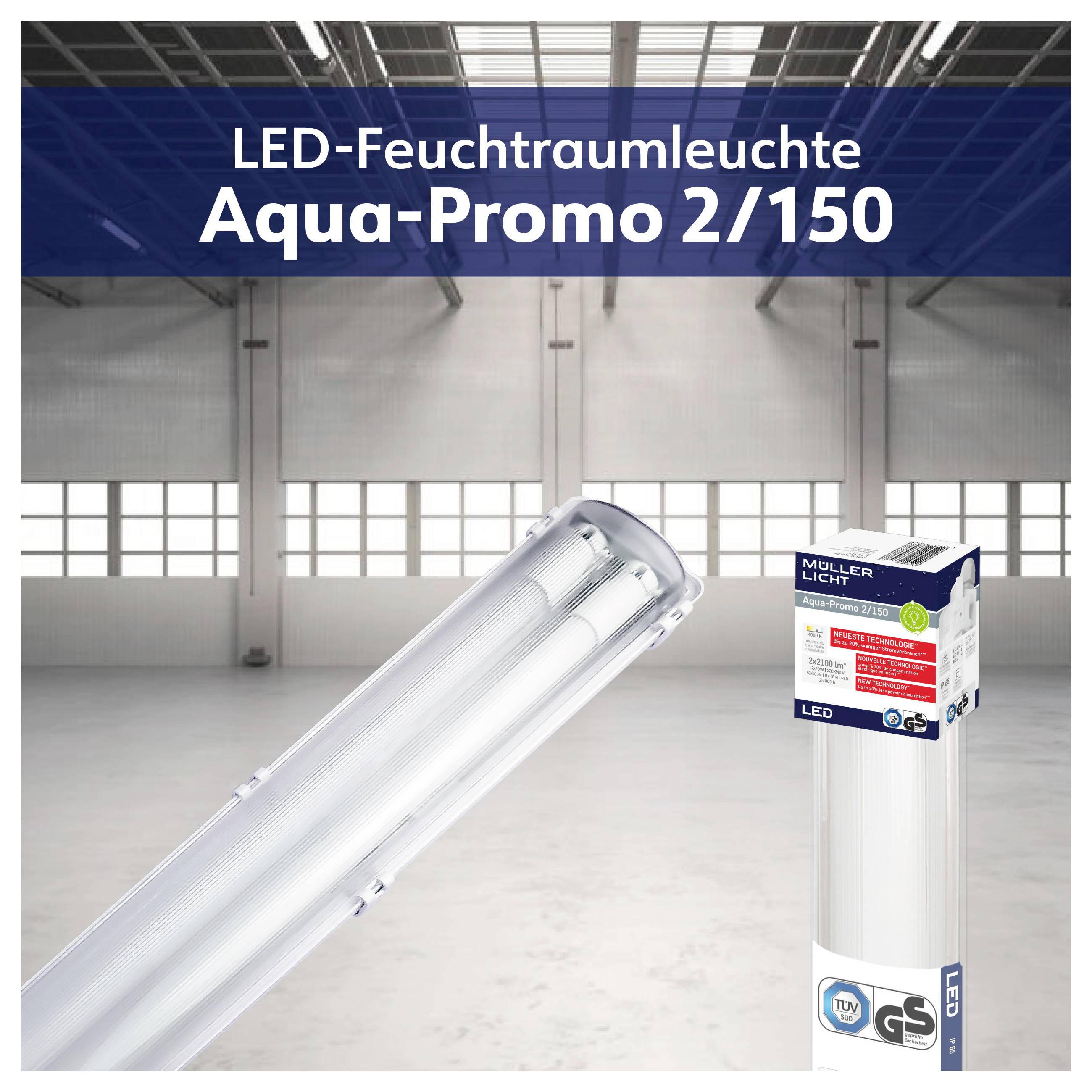 Werbeabbildung einer LED-Feuchtraumleuchte 'Aqua-Promo 2/150' in einer Industriehalle; Produkt und Verpackung sind dargestellt.