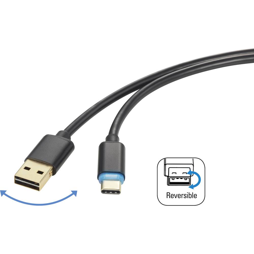 USB 2.0 Kabel Renkforce [1x USB-A 2.0 stekker 1x USB-C stekker] 1.5 m Zwart