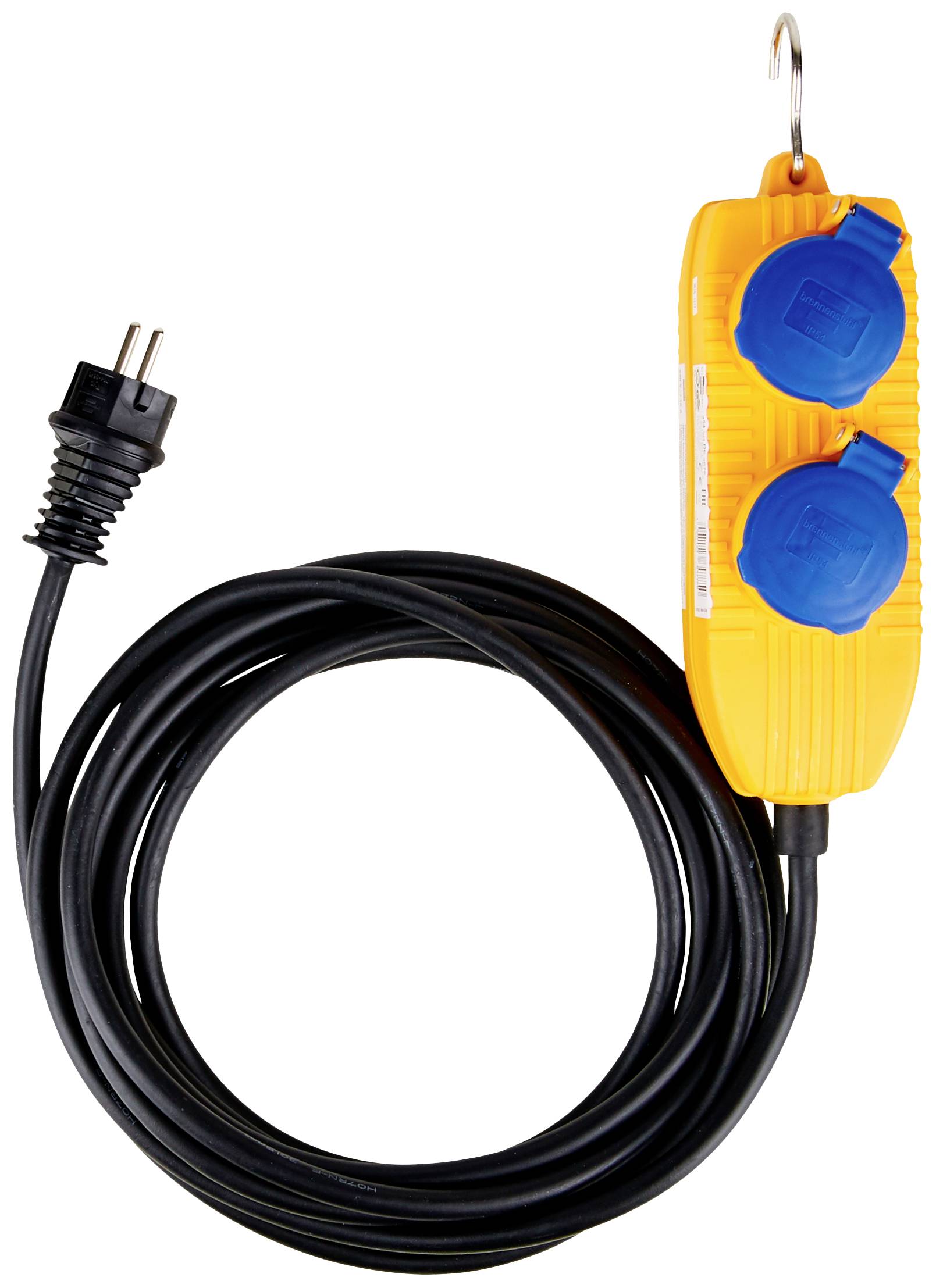 Ein gelbes Verlängerungskabel mit zwei blauen Steckdosen und einem schwarzen Stecker mit langem Kabel zur Wandbefestigung.