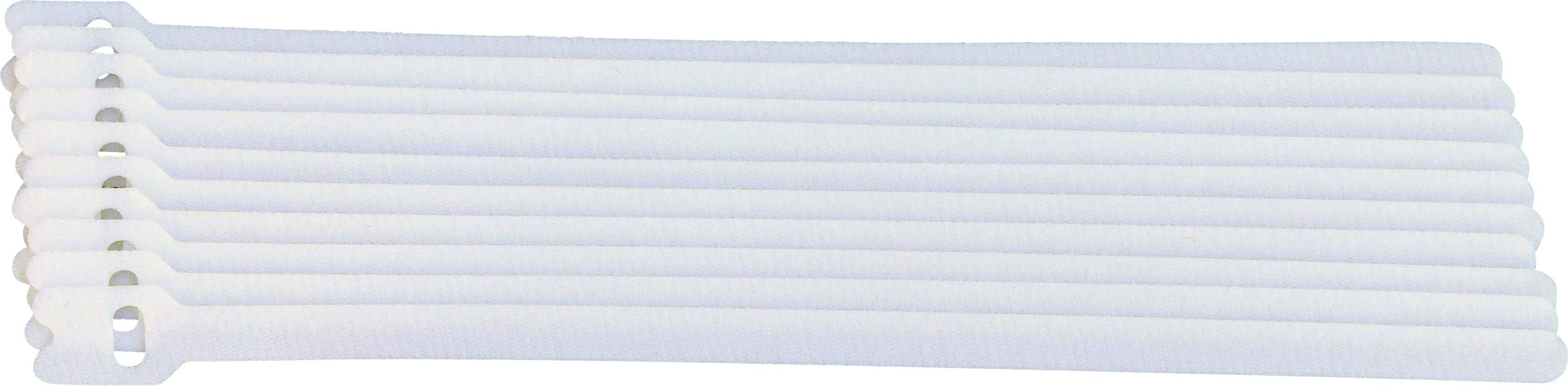 Ein Stapel weißer Kabelbinder liegt nebeneinander. Sie sind lang und schmal mit einem rechteckigen Verschluss an einem Ende.
