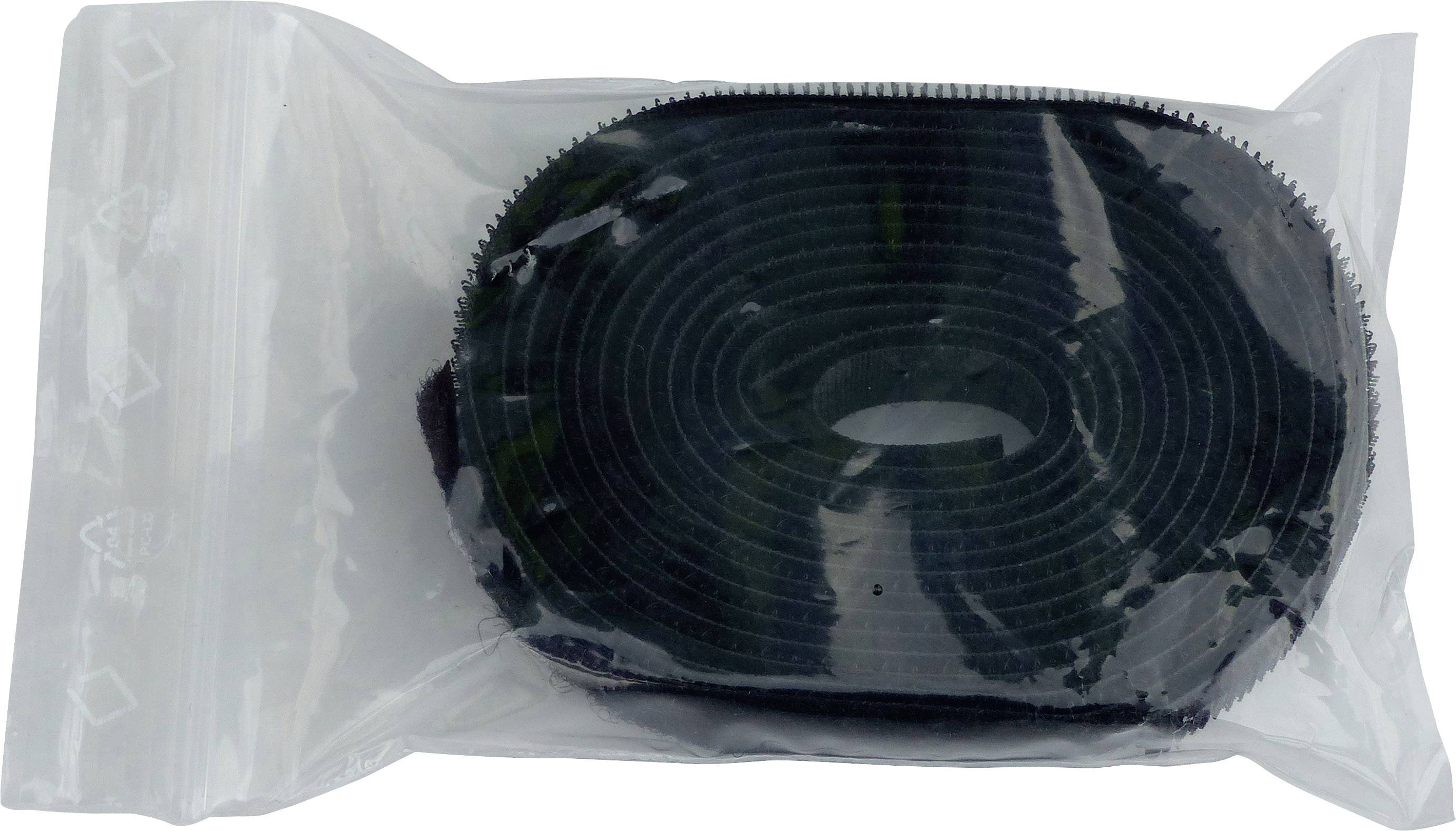 Rolle schwarzes Klettband, verpackt in transparentem Plastikbeutel. Ideal zur sicheren Befestigung oder Organisation von Kabeln und Objekten.