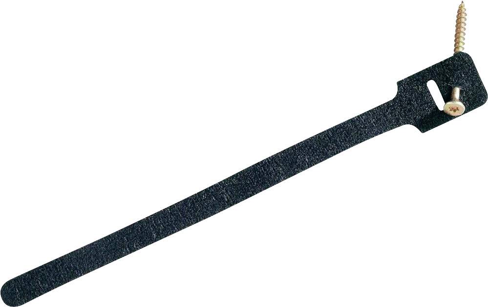 Ein schwarzer Kabelbinder mit einer Holzschraube. Der Kabelbinder hat eine Öffnung am Ende, um durch ein Loch befestigt zu werden.