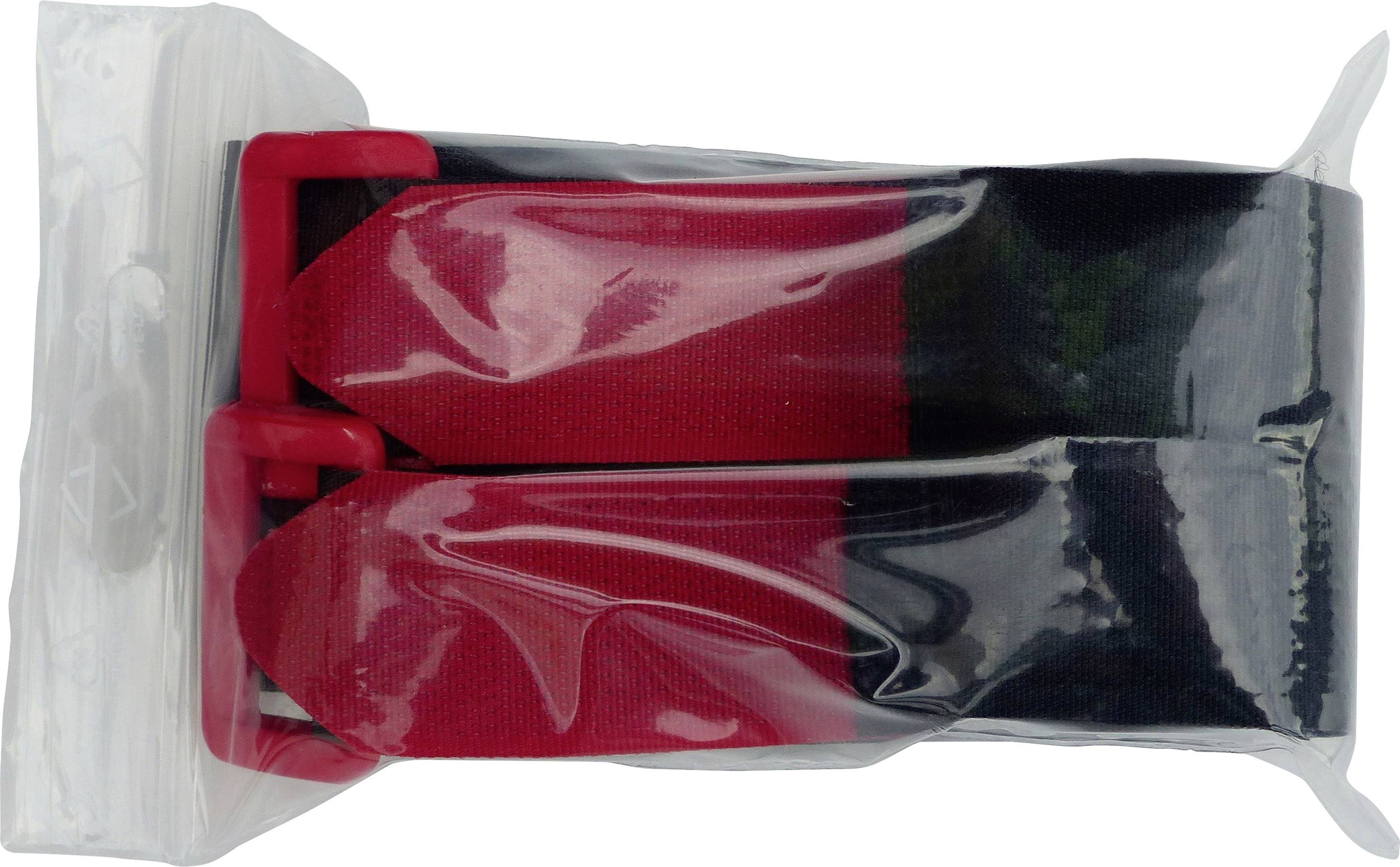 Ein durchsichtiges Plastikbeutel enthält zwei zusammengelegte, rote und schwarze Gurte mit roten Schnallen.
